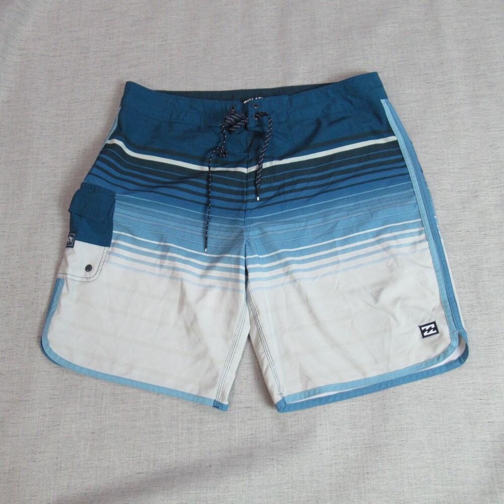 Billabong Board Shorts Mens 34 Blue Cream Striped Logo Surf Skate Beach Trunks